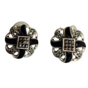 Vtg HAN 925 Sterling Silver Onyx Marcasite Post Earrings